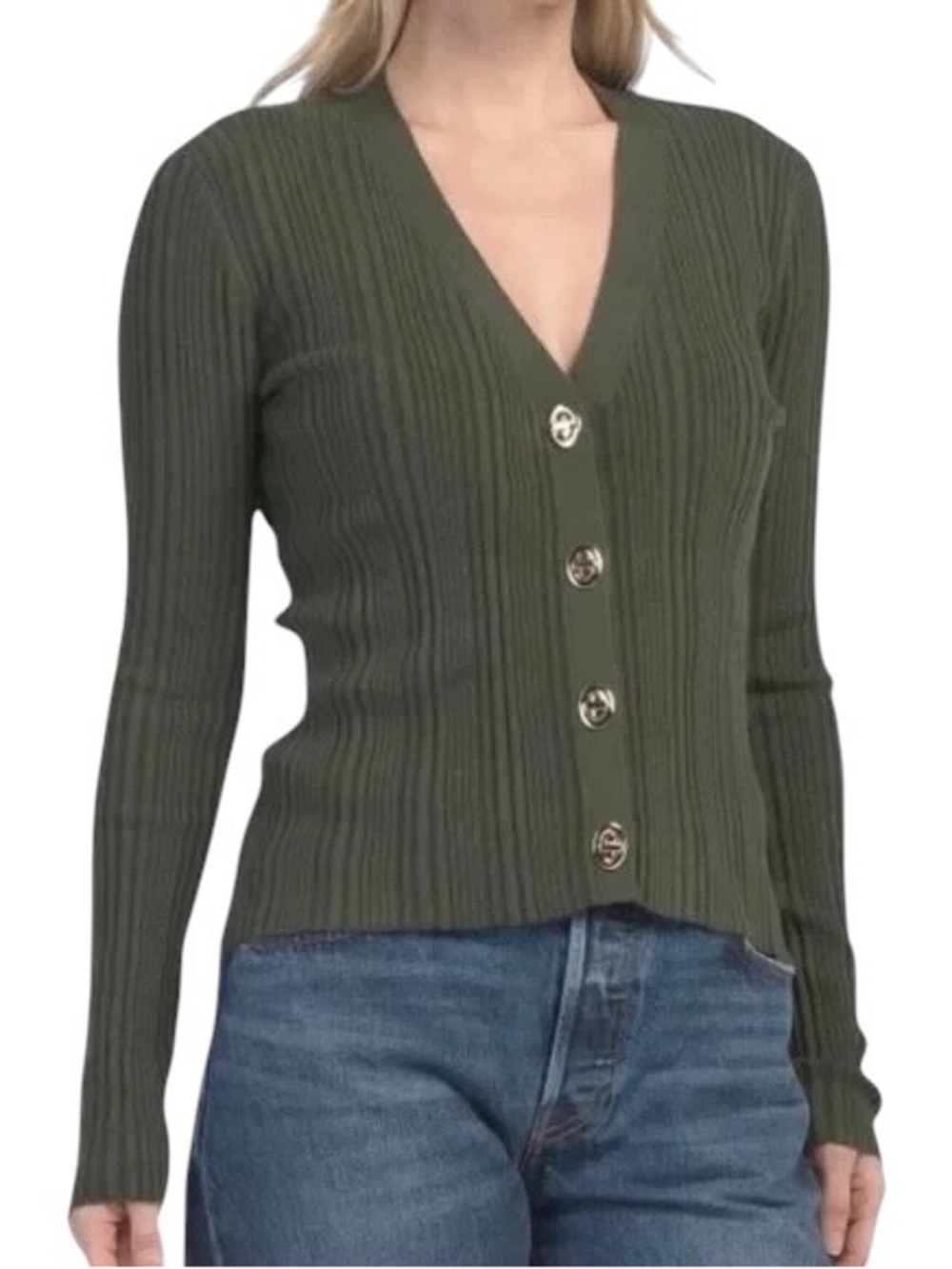 Elie Tahari Wool Blend Ribbed V Neck Turn Lock Buttons Cardigan Sweater